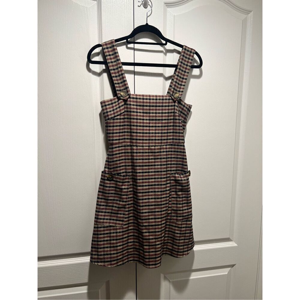 Mango Brown checkered button pinafore Mini dress size XS - Picture 4 of 6